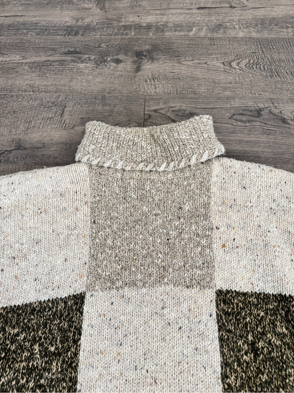 Patchwork Knit Cowl Neck Sweater in Cream and Olive - Picture 4 of 7